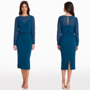 NEW DRESS THE POPULATION Peacock Blue PILAR Mixed Media LONG SLEEVE Sheath DRESS